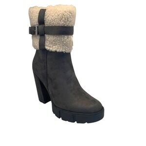 Dark Gray Faux Suede Shearling Lined Buckle Ankle Boots Chunky Platform Heel‎